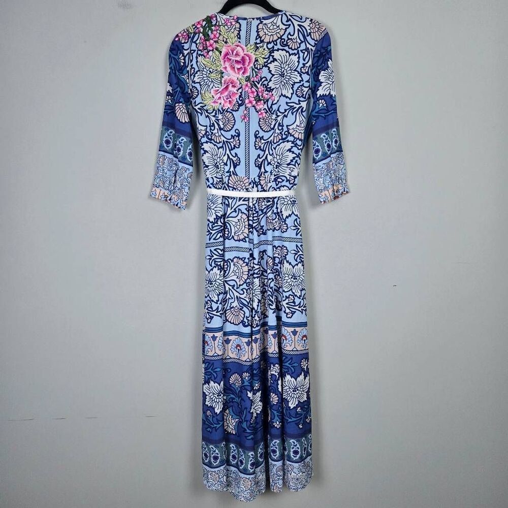 Aratta Silent Journey Womens Embroidered Floral Wrap Maxi Dress Sz XS Blue Boho - Picture 2 of 10